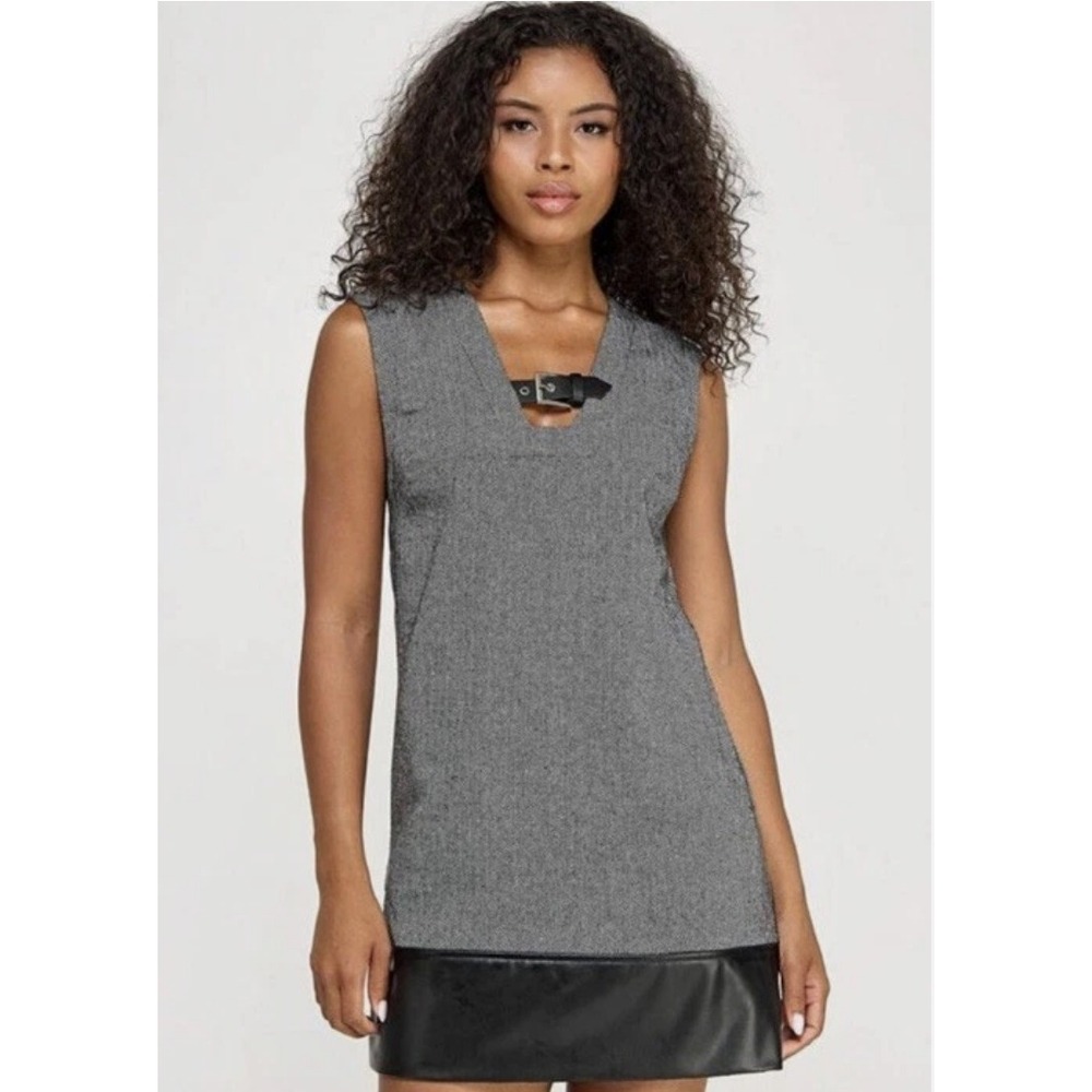Seni & Cade Shift Dress Womens Grey Herringbone Buckle Faux Leather XXS NWT